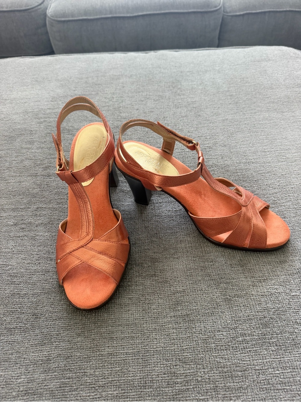 AEROSOLES Copper T-Strap Block Heel Sandals